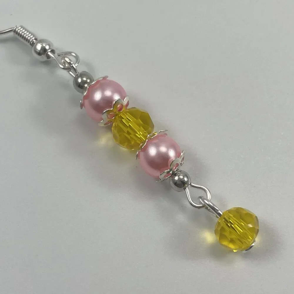 Artisan Hand Crafted Yellow Glass Pink Glass Pearl Beaded Earrings Boho Dangle